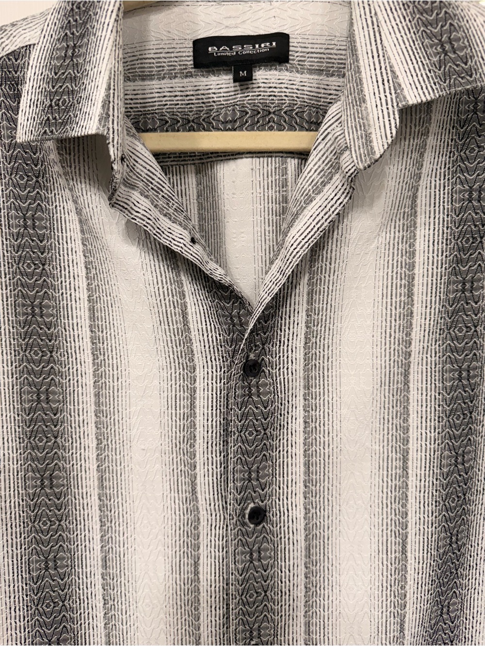 Bassiri men’s M Striped Button-Up Shirt - Gray White Black short sleeve